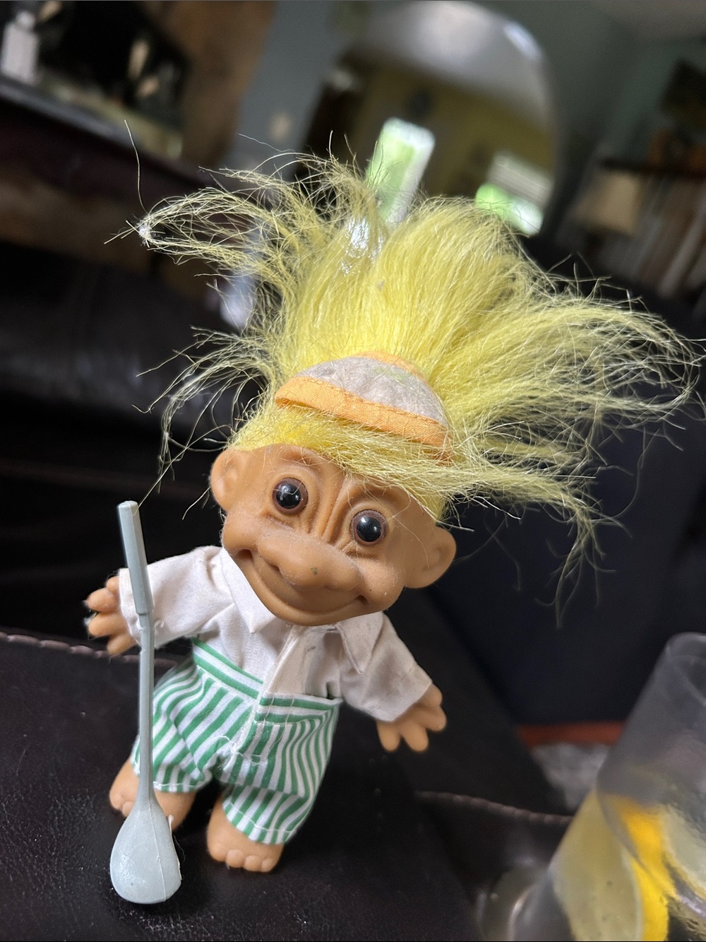 vintage Russ Golfer Troll Doll with yellow hair, a white shirt,